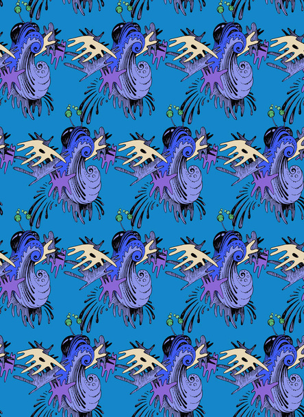 Pattern with flying larva. Seamless woven pattern. Design print for textile, fabric, wallpaper, background. Can be used for printing on paper, packaging, in textiles. - Photo, image