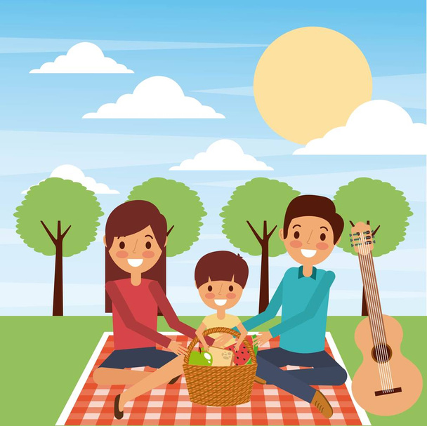 família sentado cobertor jantar piquenique no parque
 - Vetor, Imagem