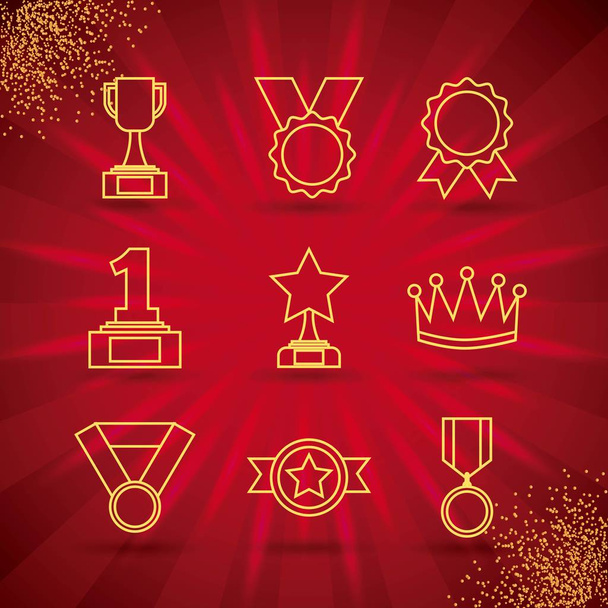 Awards trofee medailles en winnende lint succes pictogrammen symbolen - Vector, afbeelding