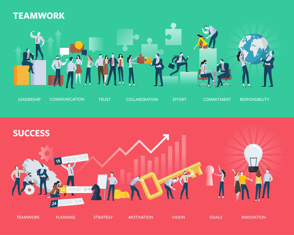 Lapos kivitel stílus web bannerek a csapatmunka és a siker. Vektoros illusztráció elképzeléseket üzleti munkafolyamat és a siker, projekt menedzsment, csapatépítés. - Vektor, kép