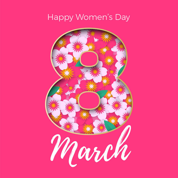 8 March papercut illustration for International Women's Day card. Happy Womens Day vector paper cut number Eight with cherry blossom on pink background. Trendy mothers day greeting card template - Вектор, зображення