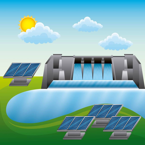 landscape hydroelectric panels solar - energy clean - Vector, Image