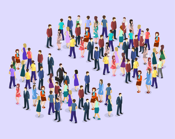 Isometric flat 3D crowd of people on violet background. - Vector, Image