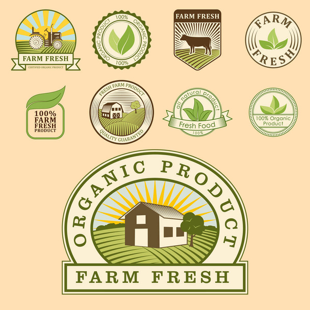 Bio fazenda orgânica eco saudável alimentos modelos e vintage vegan cor verde para menu de restaurante ou pacote emblema vetor ilustração
. - Vetor, Imagem
