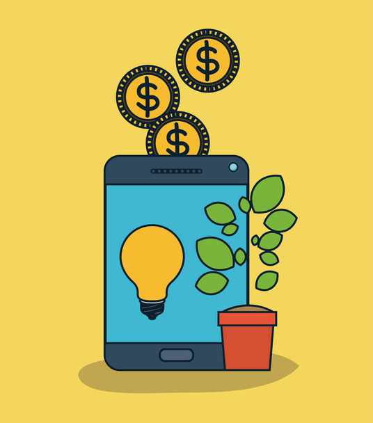tablet device with light bulb in screen and plant pot and coins in yellow background - Vector, Image