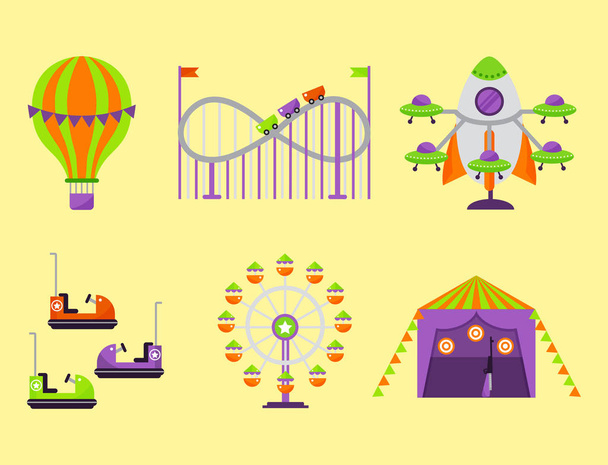 Attractiepark attractie carrousels kant-Toon kinderen buiten entertainment bouw vectorillustratie. - Vector, afbeelding