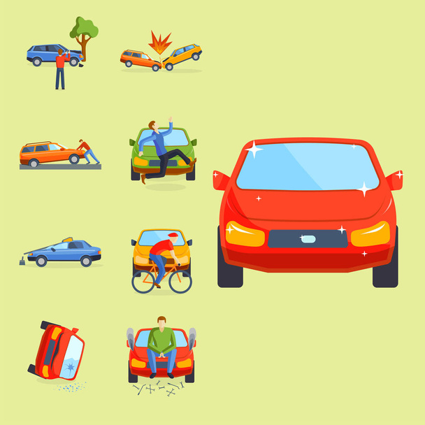 Accidente de coche colisión seguro de tráfico seguridad automóvil emergencia desastre y emergencia desastre velocidad reparación transporte vector ilustración
. - Vector, Imagen