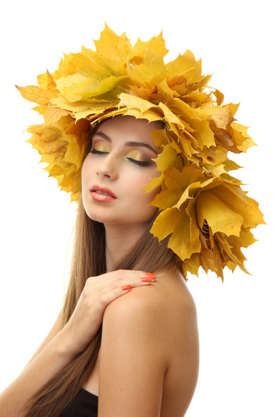 beautiful young woman with yellow autumn wreath, isolated on white - Φωτογραφία, εικόνα