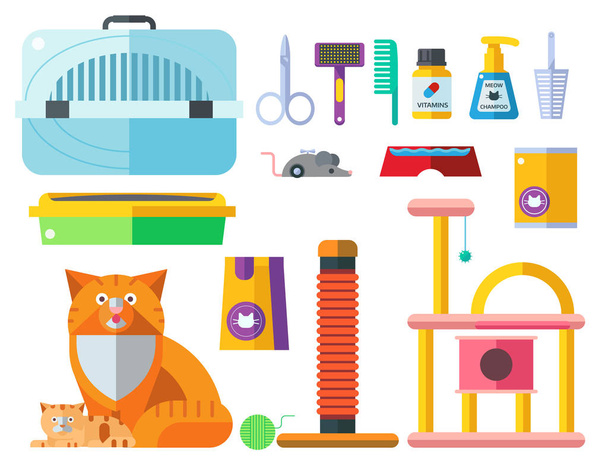 Colorido gato accesorio lindo vector animal iconos mascota equipo comida doméstico felino ilustración
. - Vector, imagen