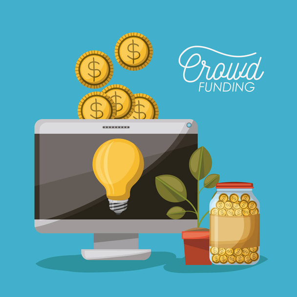 poster crowdfunding di computer desktop con lampadina a schermo e monete in alto e vaso pianta e monete in bottiglia in sfondo blu
 - Vettoriali, immagini
