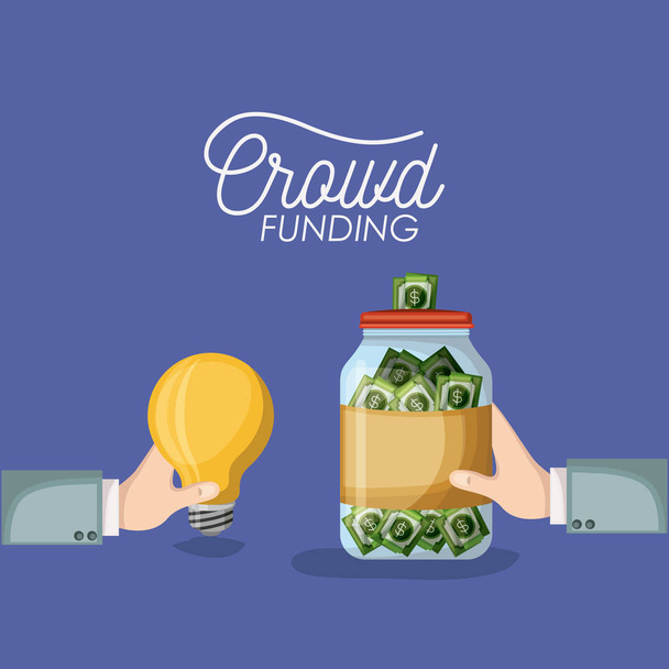 crowd funding poster with hands holding light bulb and bottle with money bills savings in background purple color - Vector, Image