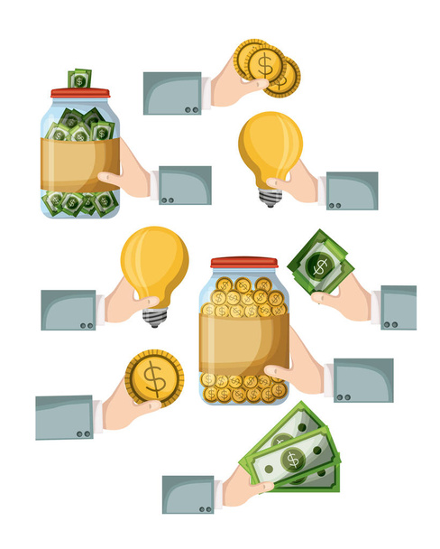 Crowdfunding-Elemente setzen Ikonen für Spar-Ideen und Geld vor weißem Hintergrund - Vektor, Bild