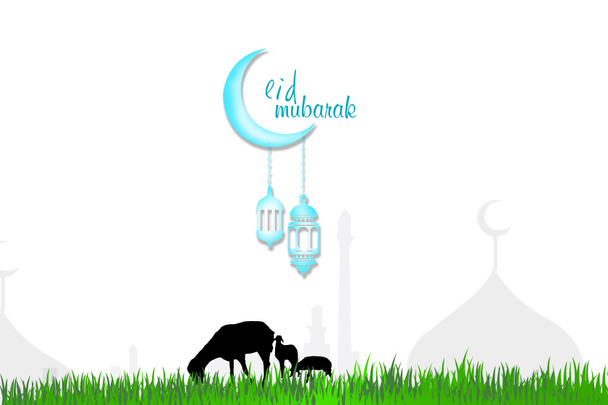 eid mubarak-Grußkarte. Moschee-Silhouette mit Halbmond und Lampe - Foto, Bild