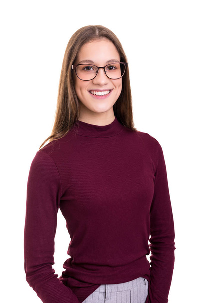 Beautiful young business woman in casual clothes standing over white background - Φωτογραφία, εικόνα