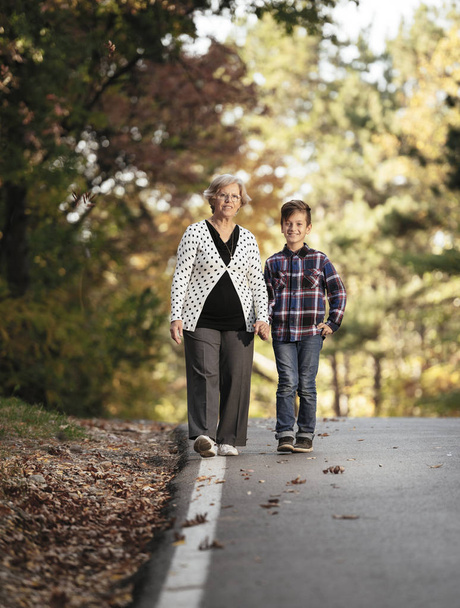 Grand-mère et petit-fils marchant le long du chemin dans les bois
 - Photo, image