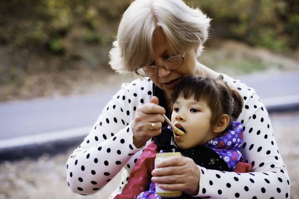Grand-mère nourrissant sa petite-fille dans le parc
. - Photo, image
