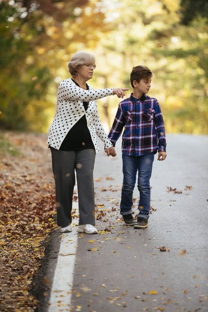 Isoäiti ja pojanpoika kävelevät polkua pitkin metsässä
 - Valokuva, kuva