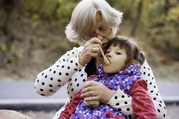 Grand-mère nourrissant sa petite-fille dans le parc
. - Photo, image