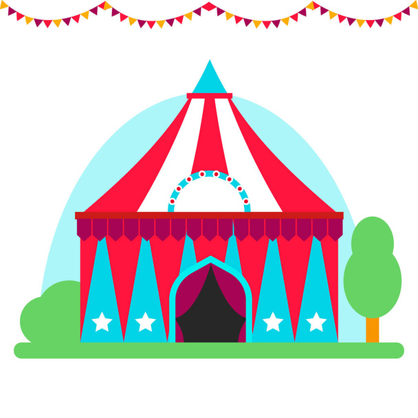 Cirkuszi show szórakozás sátor sátor szabadtéri fesztivál csíkok zászlók karnevál vektoros illusztráció. - Vektor, kép