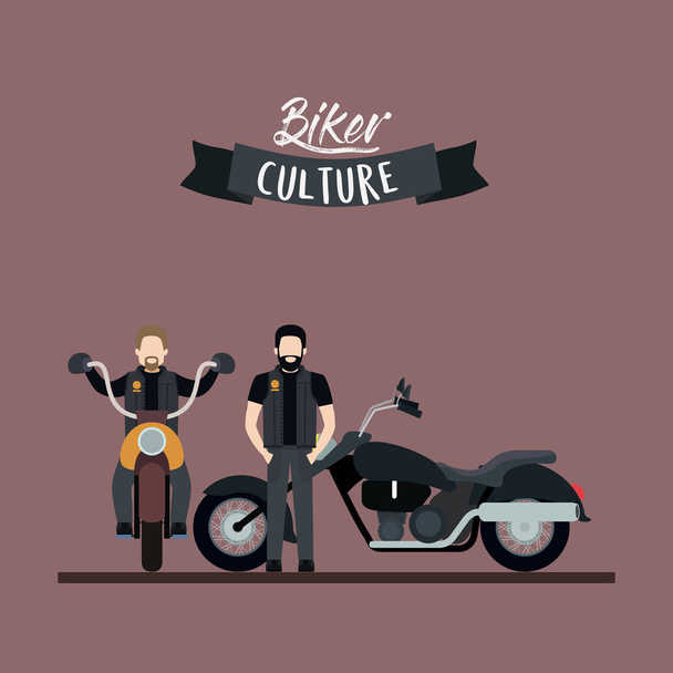 cartel de cultura motorista con par de hombres en motocicletas clásicas y fondo de color marrón rosado
 - Vector, imagen