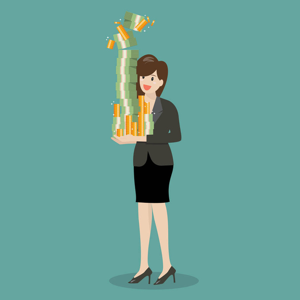 Business woman holding a lot of money - Vector, Image
