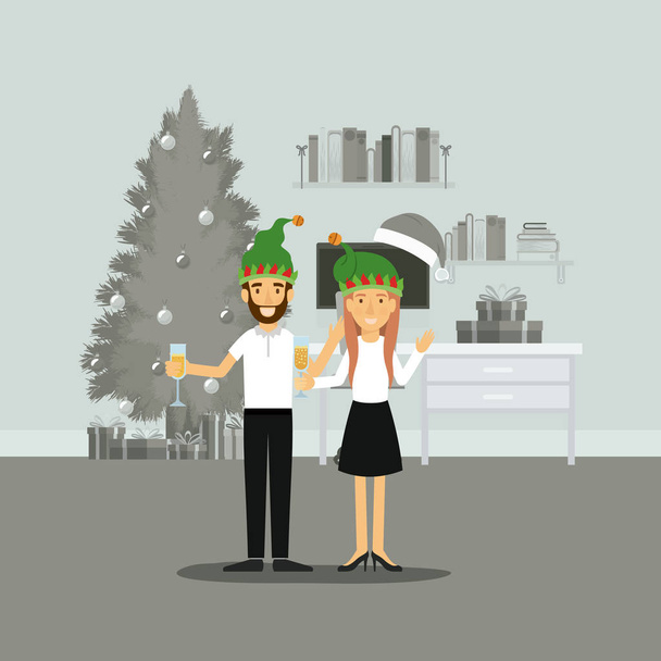 couple in formal clothes celebrating christmas with champagne and him with beard and both of them with green christmas hat on colorful scene in home - Vector, Image