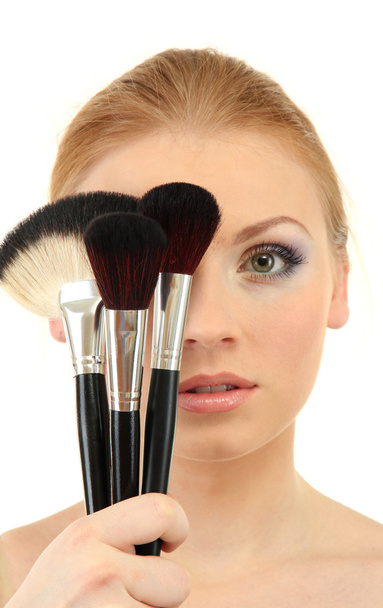 portrait of beautiful woman with make-up brushes, isolated on white - Fotoğraf, Görsel