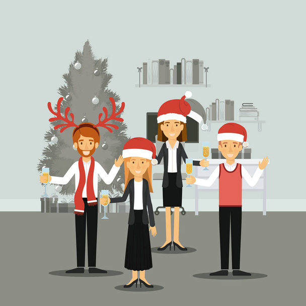 hombres y mujeres en ropa formal celebrando la Navidad con champán y todo el mundo con sombreros de Navidad y uno con cuernos de reno y bufanda en la escena colorida en casa
 - Vector, Imagen