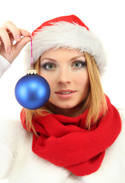 Attractive young woman holding Christmas ball isolated on white - Foto, Imagen