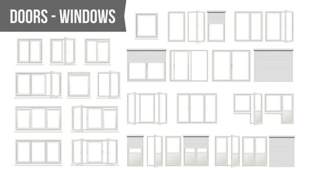 プラスチックのポリ塩化ビニールの窓のドアは、ベクトルを設定します。異なるデータ型。ローラー ブラインド シャッター。開閉。正面から見た図。家の設計要素。白い背景のリアルなイラストを分離 - ベクター画像