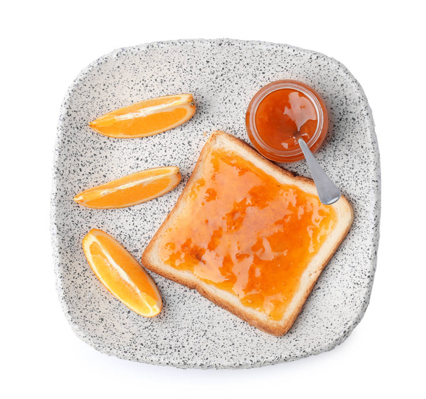 Delicious toast with sweet jam on plate, isolated on white - Fotoğraf, Görsel