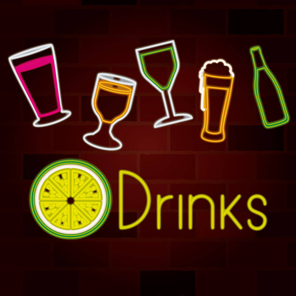 glass drinks set on neon sign on brick wall - Vector, Image