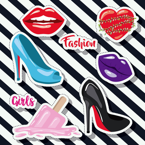 fashion woman girls elements sticker on pop art diagonal stripe black background - Vector, Image