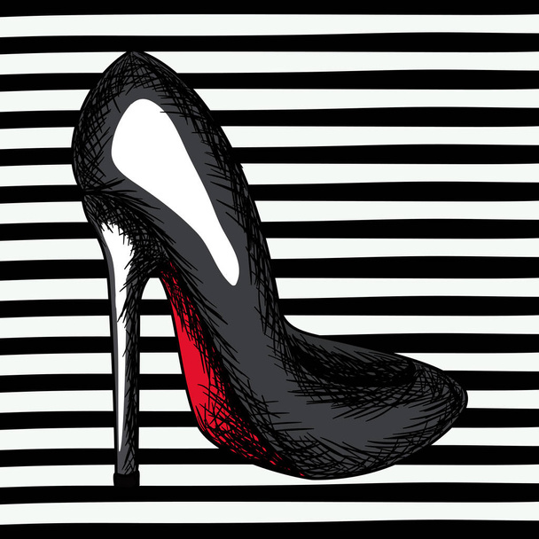 musta kantapää kenkä luonnos pop art musta raidallinen tausta
 - Vektori, kuva
