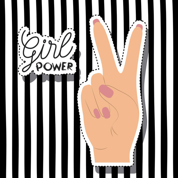 Girl power plakat tekst i ręka skóra kolor naklejki podejmowania zwycięstwo sygnału na pionowe paski tle - Wektor, obraz