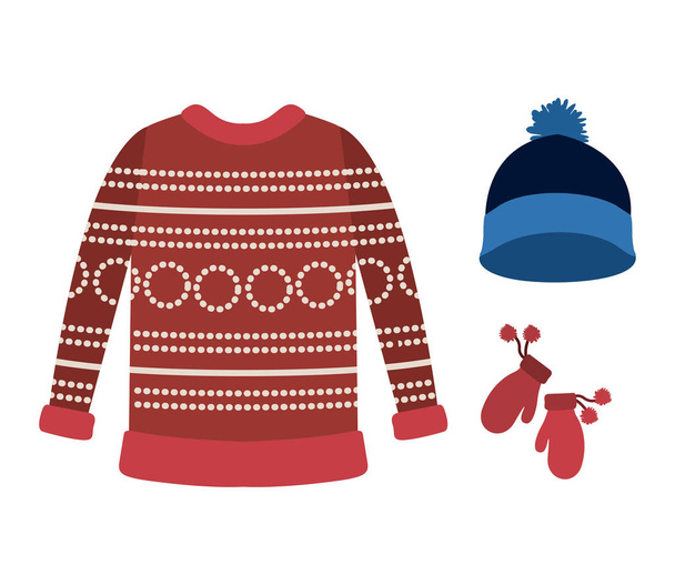 téli ruhák a vörös gyapjú pulóver, kék gyapjú sapka és gyapjú kesztyű, fehér háttérhez képest - Vektor, kép