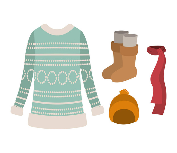 abiti invernali con maglione di lana blu e sciarpa e cappello di lana gialla e stivali su sfondo bianco
 - Vettoriali, immagini