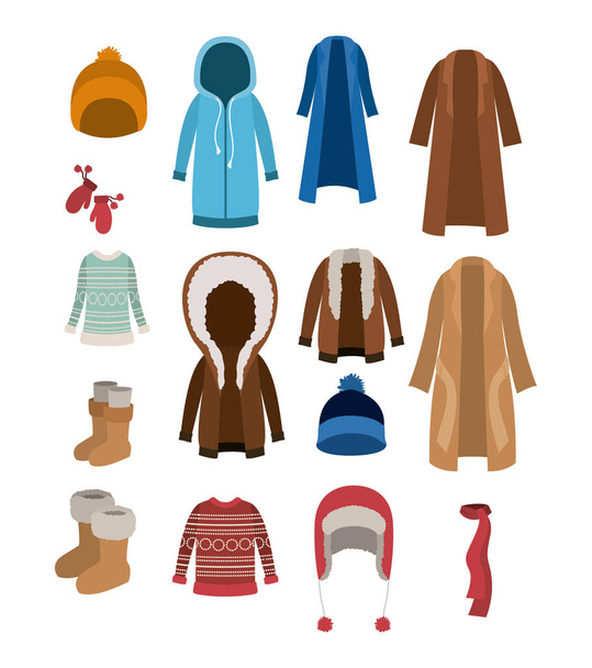 ropa de invierno conjunto con abrigos suéteres gorra de lana botas bufanda chaquetas y guantes sobre fondo blanco
 - Vector, imagen