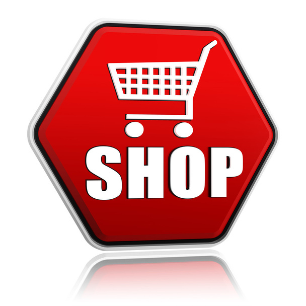 Bevásárló kocsi jel-val szó shop hatszög banner - Fotó, kép
