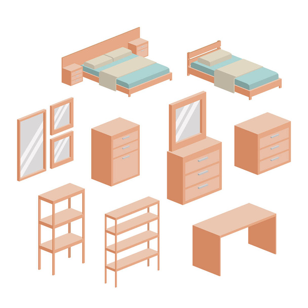 mobiliário de quarto definido em silhueta colorida sobre fundo branco
 - Vetor, Imagem