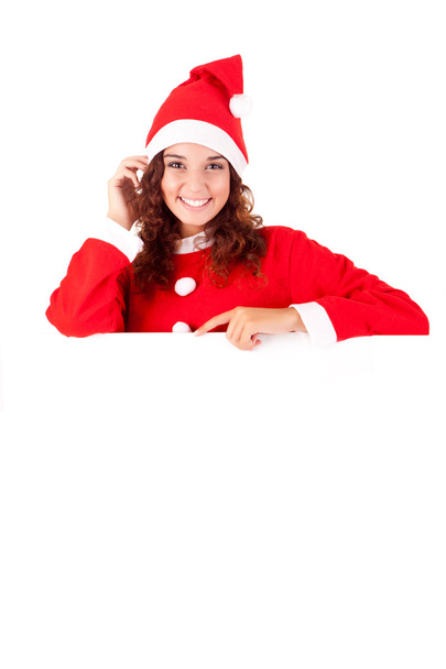 Bella donna di Natale appoggiata sul segno bianco
 - Foto, immagini