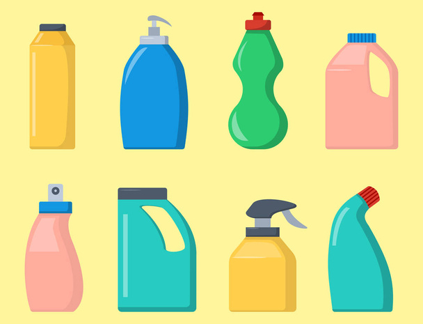 Bottles of household chemicals supplies cleaning housework liquid domestic fluid cleaner pack vector illustration. - Vektor, obrázek