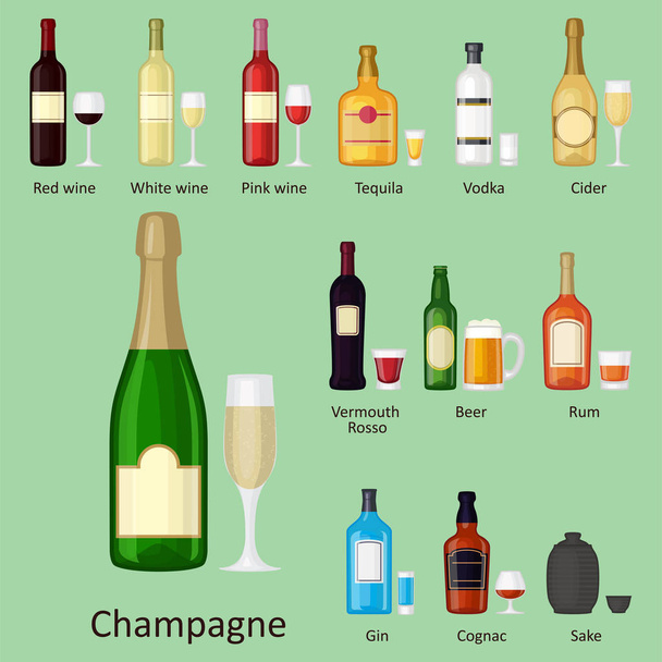 Alcohol drinks beverages cocktail bottle lager container drunk different glasses vector illustration. - Vector, Image