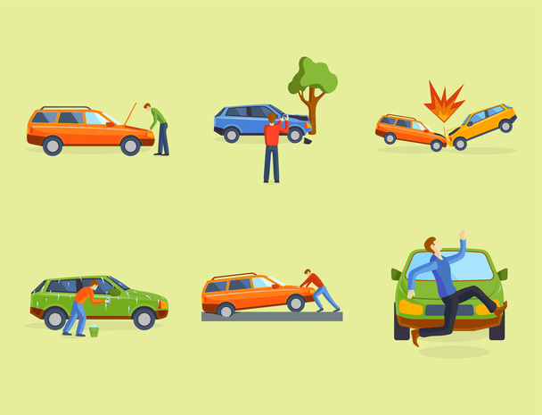 Car crash collision traffic insurance safety automobile emergency disaster and emergency disaster speed repair transport vector illustration. - Vector, Image