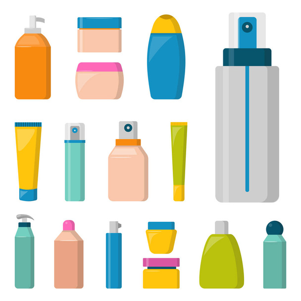 Bottles of cosmetic cosmetology lotion makeup beauty plastic liquid cream container fluid pack vector illustration. - Wektor, obraz
