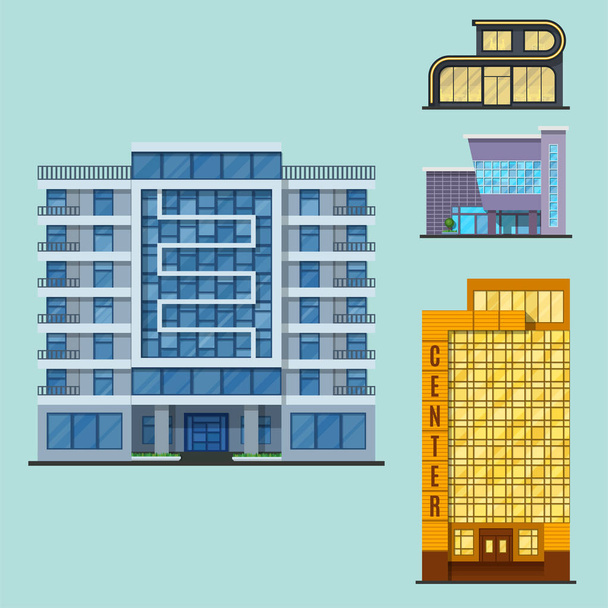 Πόλη κτίρια σύγχρονο πύργο γραφείο αρχιτεκτονική σπίτι επιχειρηματική διαμέρισμα αρχική πρόσοψη διανυσματικά εικονογράφηση - Διάνυσμα, εικόνα