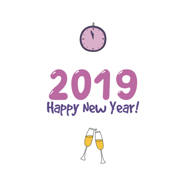 Kézzel rajzolt, boldog új évet 2019 üdvözlés kártya-val csengő pezsgő szemüveg és óra, vektor, ábra - Vektor, kép