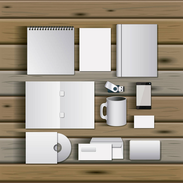 стационарные шаблоны документации пустой дизайн бизнес-канцелярских товаров на деревянном фоне
 - Вектор,изображение
