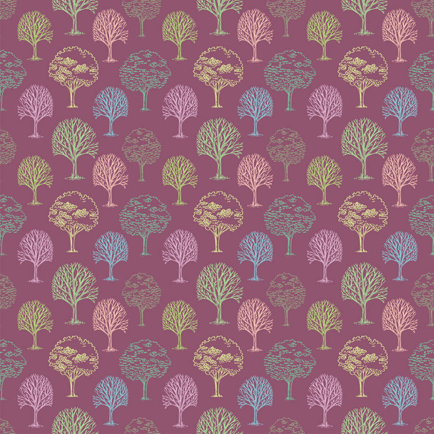 Vector pattern with trees and bushes on pink background. - Vektor, Bild
