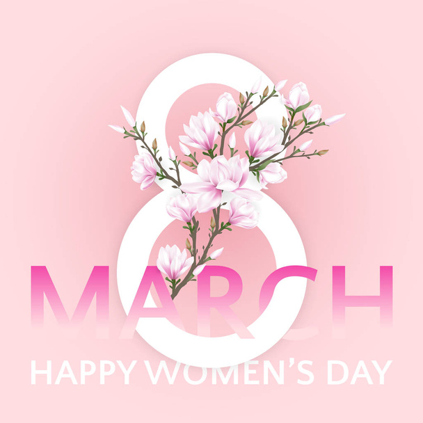 White number 8 decorated with pink magnolia flowers branch on sweet pink background for March 8, International women's day. Vector illustration. - Vektor, Bild